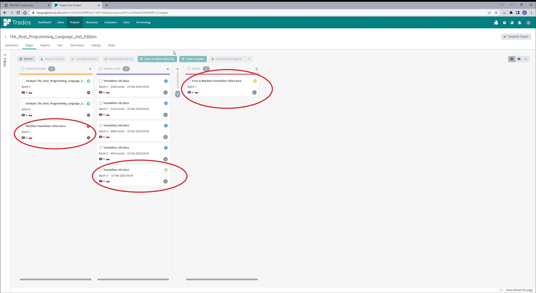 Trados Studio project dashboard showing an error in Machine Translation for file 'r03v3.docx' in Batch 7.