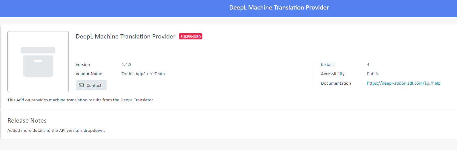 Screenshot of the DeepL Machine Translation Provider page on Trados RWS AppStore with a 'SUSPENDED' label next to the app name.