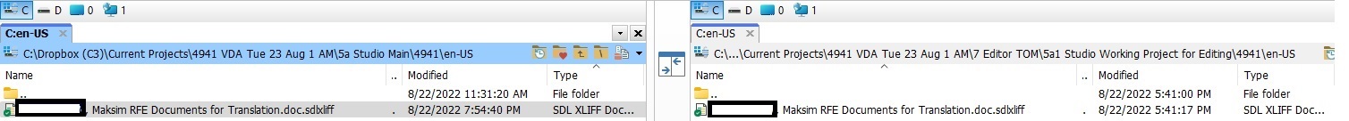 Screenshot showing Trados Studio project folder 'Cen-US' with a file named 'Maksim RFE Documents for Translation.doc.sdlxliff' last modified on 8222022 at 11:31:20 AM.