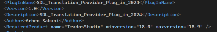 XML snippet of Plugin Manifest showing plugin name 'SDL_Translation_Provider_Plug_in_2024', version '1.0', author 'Arben Sabani', and required product 'TradosStudio' with minimum version '18.0' and maximum version '18.9'.