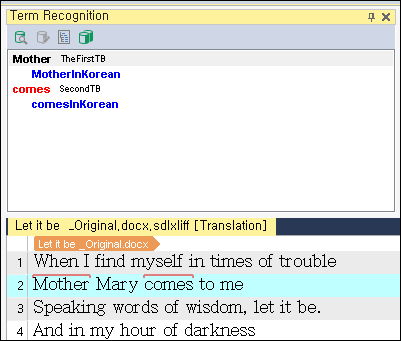 Screenshot of Trados Studio's Term Recognition window showing two terms, 'Mother' linked to 'TheFirstTB' and 'comes' linked to 'SecondTB', both terms are followed by 'inKorean'. Below is a segment of text from a document with 'Mother' and 'comes' highlighted.