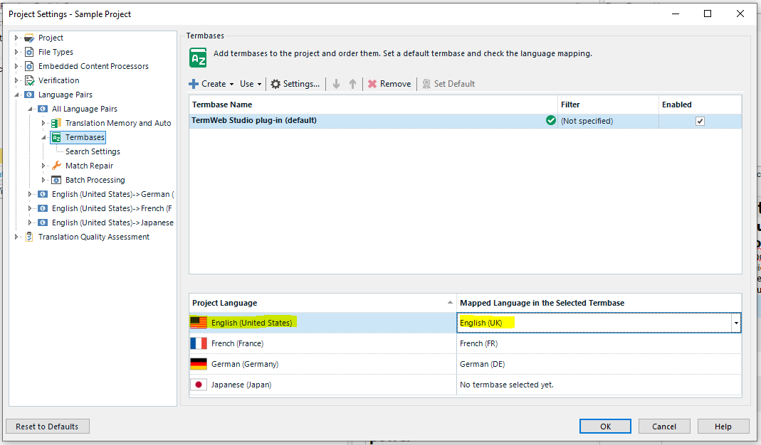 Screenshot of Trados Studio Project Settings showing TermBases tab with 'TermWeb Studio plug-in' selected as default and language mapping from English (United States) to English (UK).