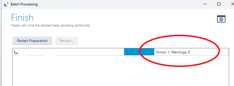Screenshot of the Batch Processing interface showing a 'Finish' message, a progress bar, and a red-circled area indicating 'Errors: 1, Warnings: 0'.
