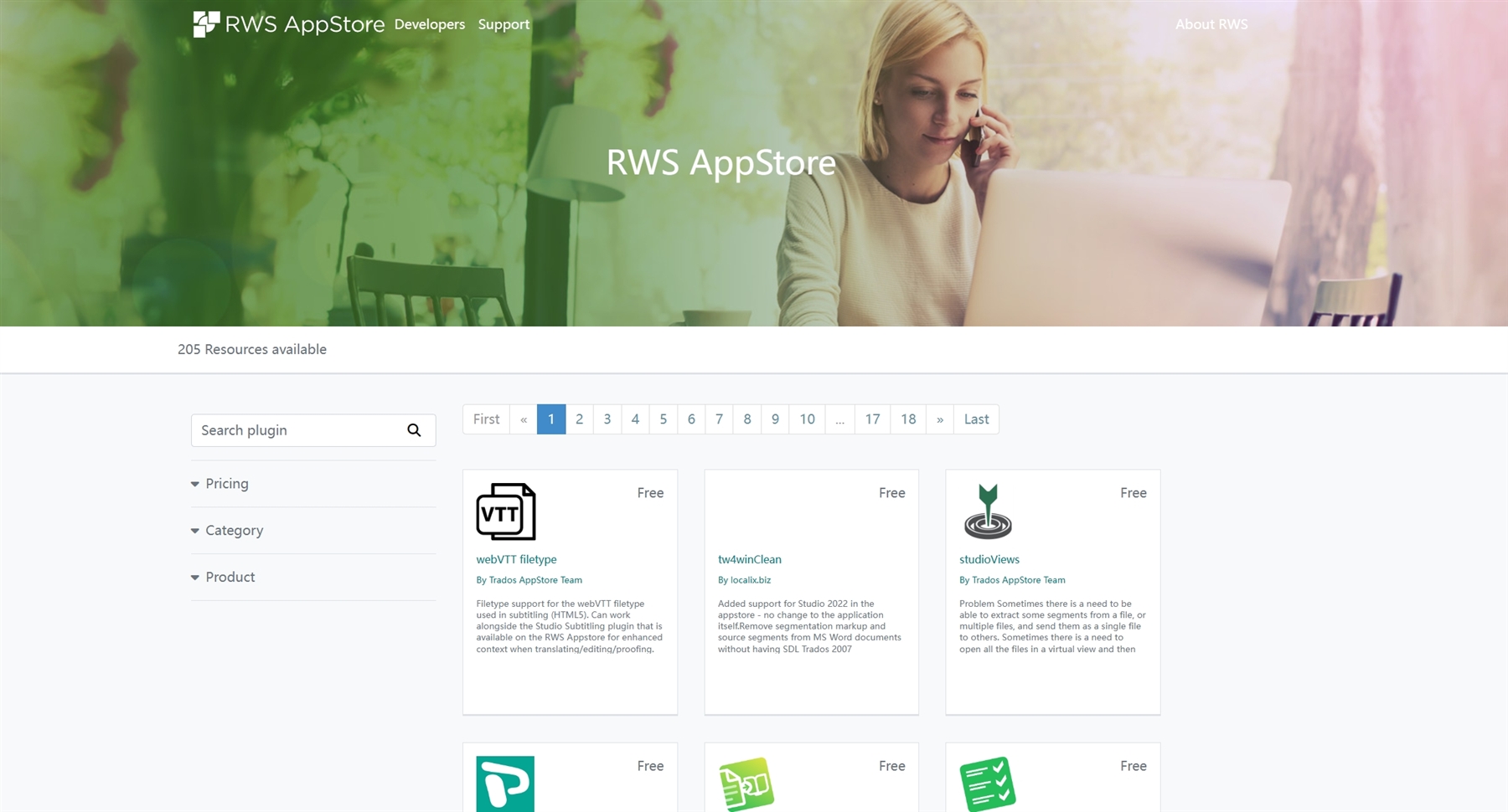 RWS AppStore webpage showing 205 resources available with a search bar and filters for pricing, category, and product. Featured plugins include 'webVTT filetype', 'tw4winClean', and 'studioViews', all listed as free.