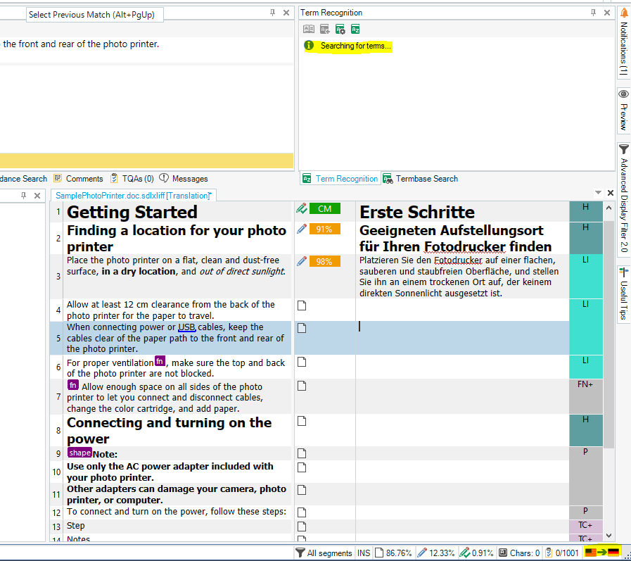 Screenshot of Trados Studio with a document open in the editor. A 'Searching for terms...' message is displayed in the Term Recognition pane, indicating a search is in progress.