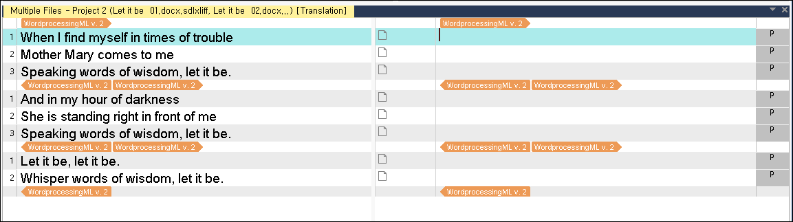 Trados Studio interface showing a merged file with three parts. The first part has three segments with lyrics from 'Let it be'. The second part repeats the first segment. The third part has two new segments with lyrics.