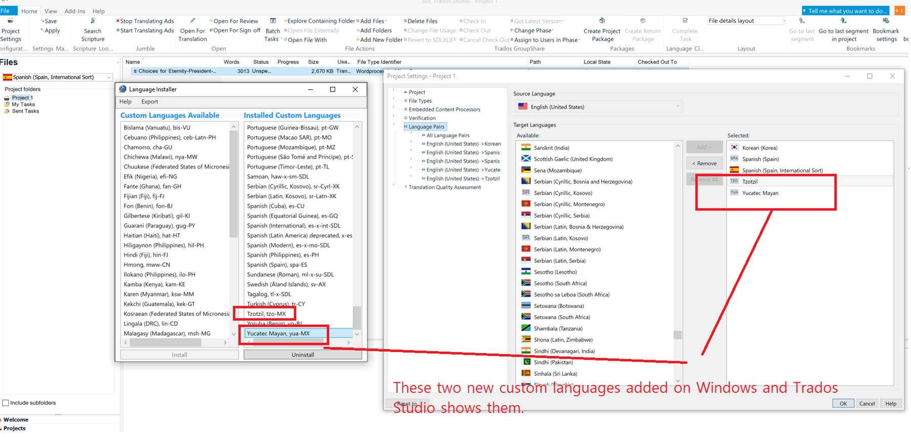 Screenshot of Trados Studio showing the 'Custom Languages Available' list with 'Tzotzil' and 'Yucatec Mayan' highlighted, and the 'Installed Custom Languages' list with the same languages added.