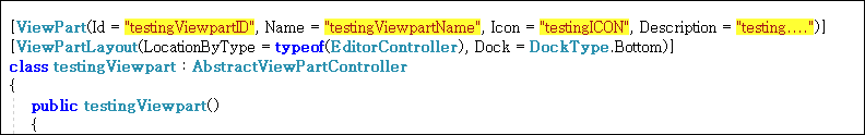 Screenshot of Trados Studio code snippet for Editor View with attributes for ViewPartId, Name, Icon, Description, and ViewPartLayout highlighted in yellow.