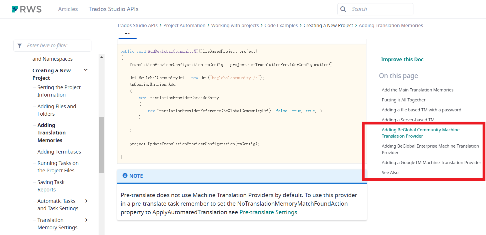 Screenshot of Trados Studio API documentation page showing code example for adding BeGlobal Community Machine Translation Provider.
