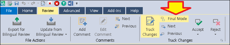 Screenshot of Trados Studio interface showing the Review tab with Track Changes options highlighted, including Next, Previous, Final Mode, Accept, and Reject buttons.