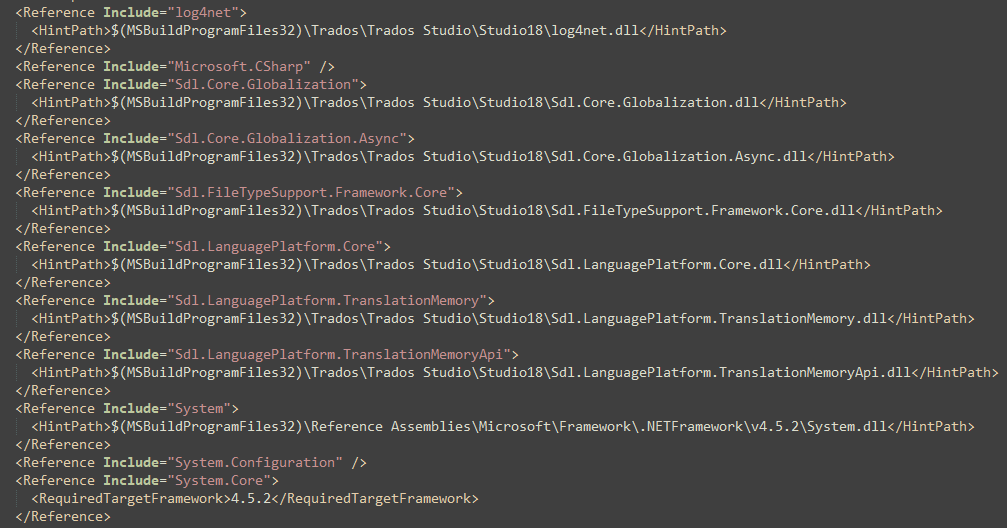 Screenshot of *.csproj file references including various SDL and Microsoft assemblies, with hint paths pointing to Trados Studio 2018 directories.