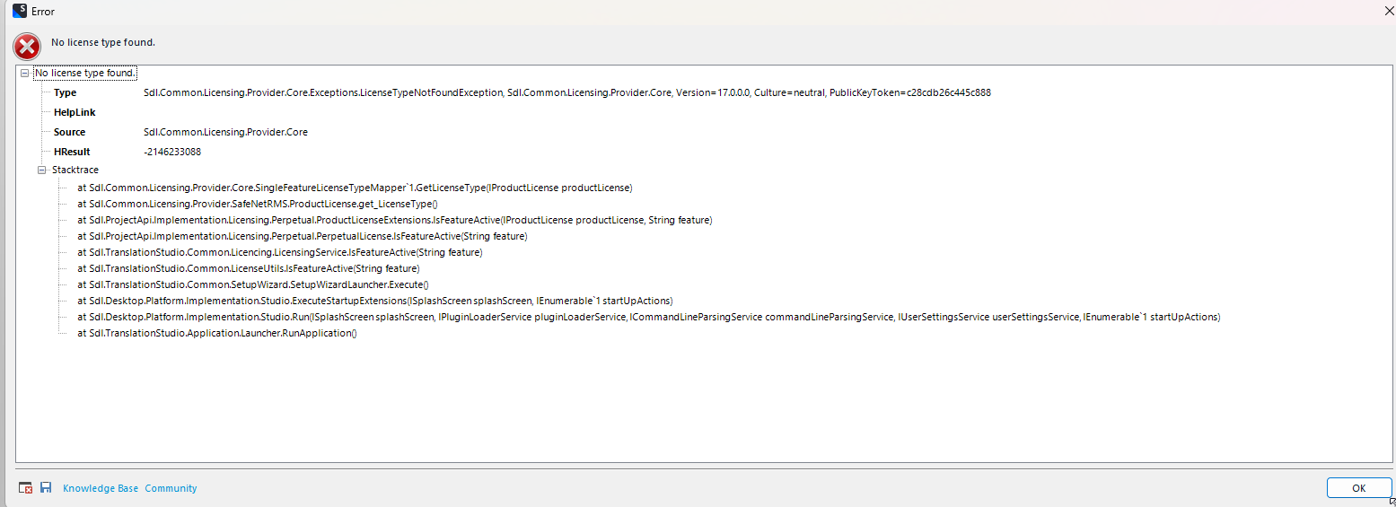 Error dialog box in Trados Studio with message 'No license type found' and details of the error including type, source, and stack trace.
