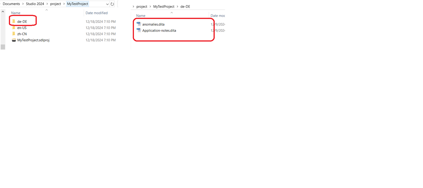 Screenshot of a file explorer window showing a project directory with folders named 'de-DE', 'en-US', 'zh-CN', and a file 'MyTestProject.sdlproj'. The 'de-DE' folder is highlighted.