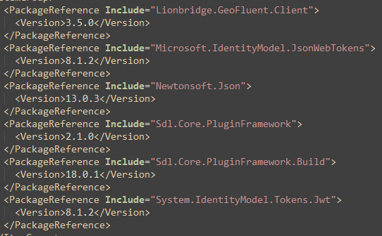 Partial view of a *.csproj file showing package references with versions, including 'Lionbridge.geoFluent.Client' version '3.5.0' and 'Sdl.Core.PluginFramework' version '2.1.0'.