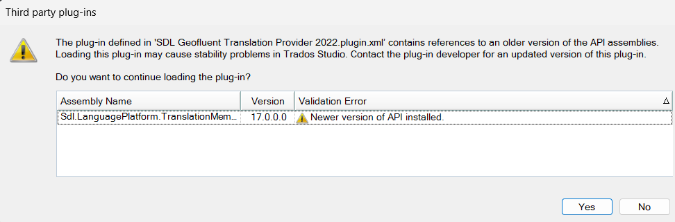 Warning dialog for third-party plug-ins in Trados Studio indicating a plugin defined in 'SDL Gefeulnt Translation Provider 2022.plugin.xml' references an older API version, with a validation error for 'Sdl.LanguagePlatform.TranslationMemoryApi.dll' stating 'A newer version of API installed.'