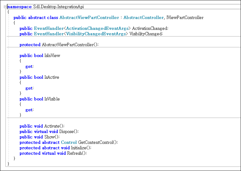 Screenshot of Trados Studio code interface showing the AbstractViewController class with properties and methods like IsActive, IsVisible, Activate, and Refresh.