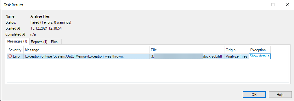 Screenshot of Trados Studio error message displaying 'Analyze Files' task failed with an 'Exception of type 'System.OutOfMemoryException' was thrown.'