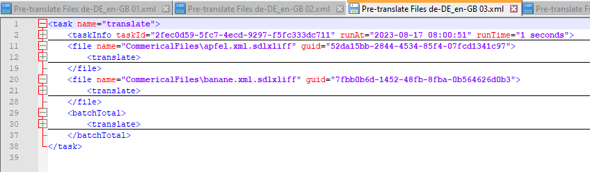 Screenshot of Trados Studio showing a pre-translate task with only two files: apfel.xml and banane.xml, with the kirsche.xml file missing from the translate task.