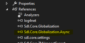 Screenshot of Trados Studio showing the references list with Sdl.Core.Globalization.Async DLL highlighted indicating it is already referenced.