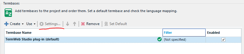 Trados Studio TermBases tab showing TermWeb Studio plugin with a greyed-out Settings button indicating it is not enabled.