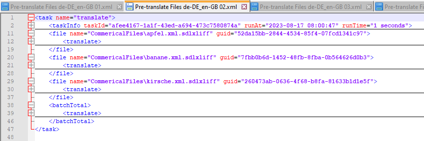 Screenshot of Trados Studio showing a pre-translate task with three files: apfel.xml, banane.xml, and kirsche.xml, all included in the translate task.
