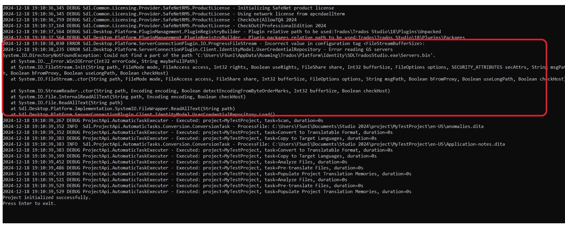 Screenshot of a debug log with multiple entries, highlighting an error message about a 'DirectoryNotFoundException' and a file path that could not be found.