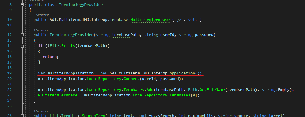 Code snippet from Trados Studio showing the instantiation of a new MultiTerm application and connection to the local repository.
