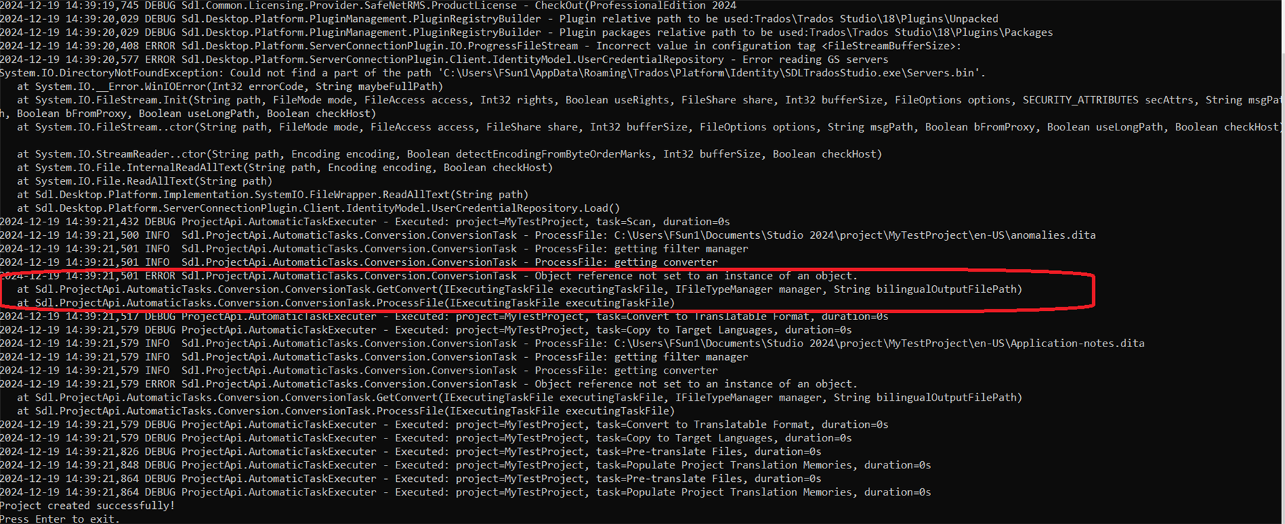 Screenshot of a log file with multiple entries. Highlighted error states 'Sdl.ProjectApi.AutomaticTasks.Conversion.ConversionTask - Object reference not set to an instance of an object.'