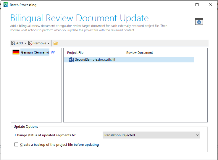 Trados Studio Batch Processing window showing Bilingual Review Document Update with a German project file selected and options to change status of updated segments or create a backup.