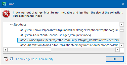 Error dialog box in Trados Studio displaying 'Index was out of range' message with a red cross icon, a stack trace, and an OK button.