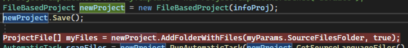 Code snippet showing the use of AddFolderWithFiles method in Trados Studio with highlighted error line.