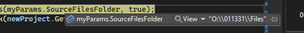 Close-up of the variable myParams.SourceFilesFolder with a file path value assigned in the code.