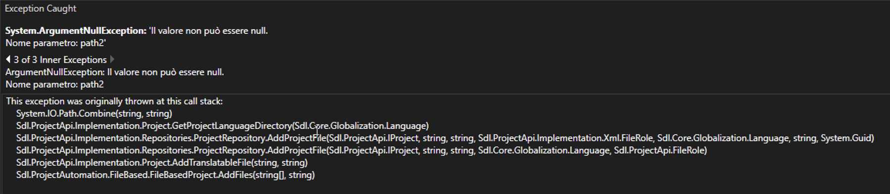 Error message displaying 'System.ArgumentNullException: Value can't be null. Parameter name: path2' with a stack trace below.