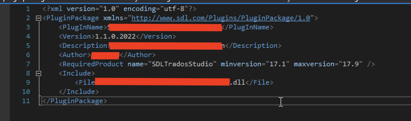 XML manifest for a Trados Studio plugin with highlighted fields showing PluginName, Version, Description, Author, RequiredProduct with minimum and maximum version, and included files.