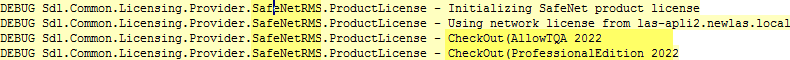 Debug log entries showing the initialization and checkout of SafeNet product licenses for Studio 2022, including AllowQ1Q2 2022 and ProfessionalEdition 2022.