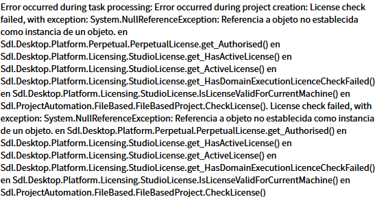 Error message screenshot indicating a license check failure during project creation with a System.NullReferenceException in various Studio licensing components.