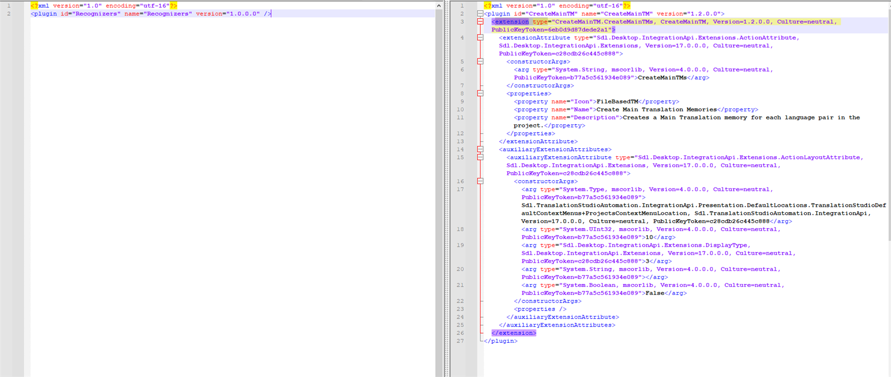 Screenshot of an XML file with plugin details. The left side shows a shorter version with basic plugin information, while the right side shows a more detailed version with extension attributes.