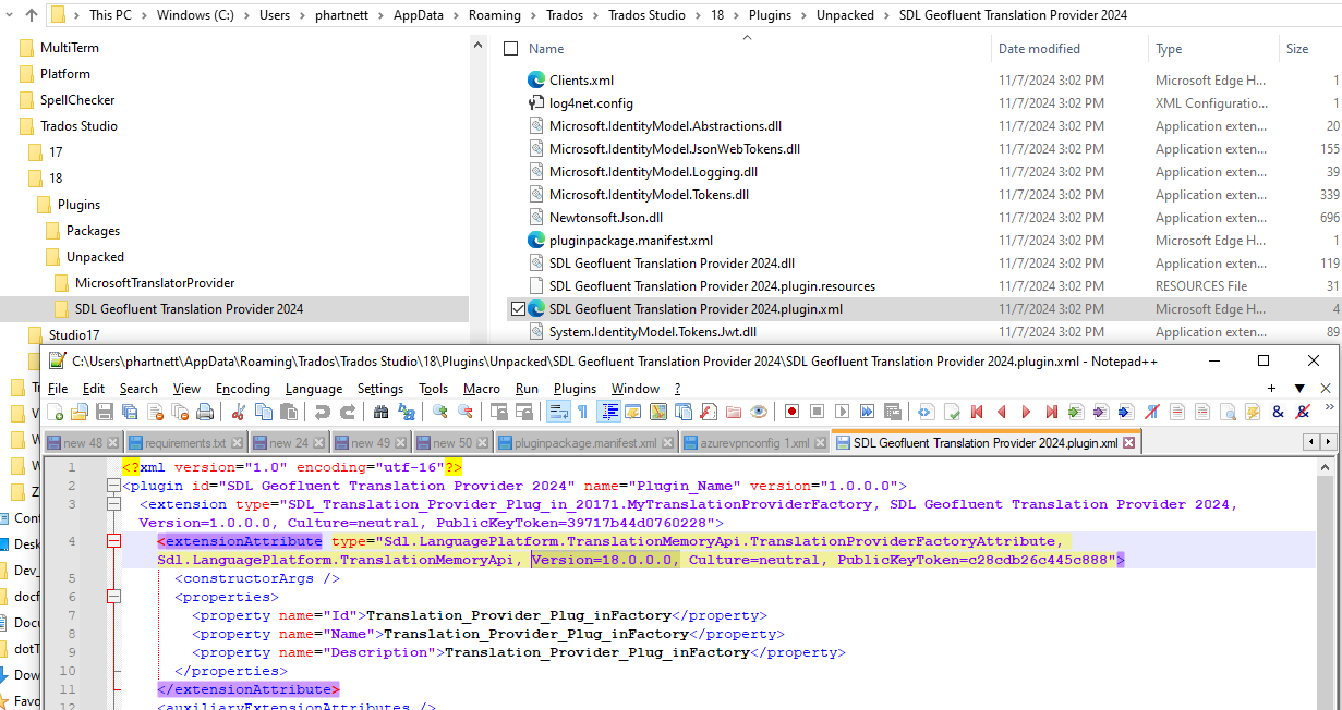 Screenshot of an XML file named 'SDL Geofluent Translation Provider 2024.plugin.xml' open in Notepad++ with highlighted text showing the version reference 'Sdl.LanguagePlatform.TranslationMemoryApi, Version=18.0.0.0'.