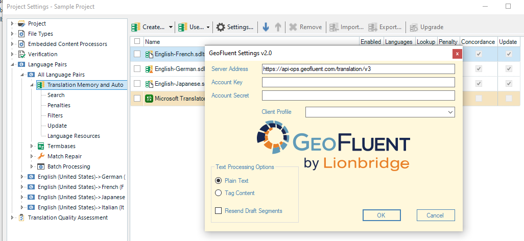 Screenshot of Trados Studio project settings showing the GeoFluent Settings v2.0 dialog box with fields for Server Address, Account Key, Account Secret, and Client Profile.