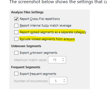 Screenshot of Analyze Files Settings with options to Report Cross-File repetitions, Report internal fuzzy match leverage, Report locked segments as a separate category, and Exclude locked segments from analysis. The last two options are highlighted.