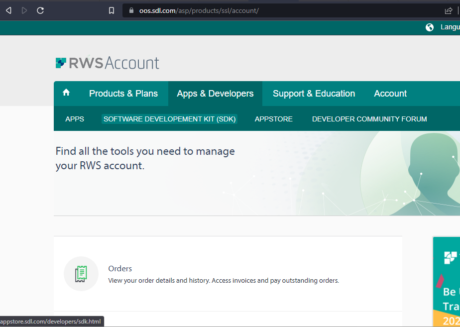 Screenshot of RWS Account page with navigation tabs for Products & Plans, Apps & Developers, Support & Education, and Account. Highlighted sections include Apps, Software Development Kit (SDK), and Appstore.
