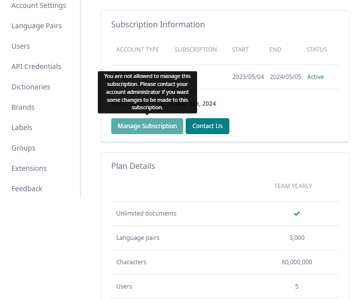 Screenshot of Trados Studio's Subscription Information page showing an error message 'You are not allowed to manage this subscription. Please contact your account administrator if you want some changes to be made to this subscription.' The Manage Subscription button is disabled, while the Contact Us button is active. Subscription details such as start and end date, and status are visible.