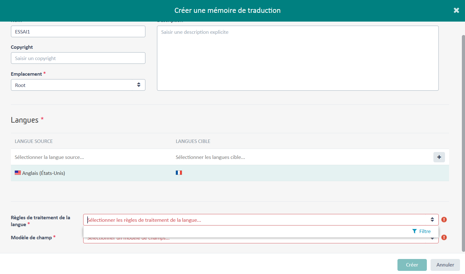 Trados Studio 'Create a Translation Memory' dialog with empty dropdowns for 'Language processing rules' and 'Field template'. Source language set to English (United States).