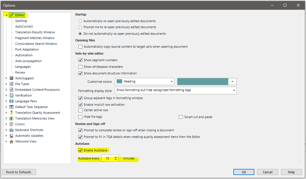 Trados Studio options menu with Editor settings open, showing AutoSave feature enabled to save every 10 minutes.