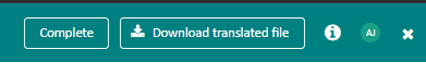 Trados Studio interface showing a 'Complete' button and a 'Download translated file' button with icons indicating user 'AJ' and a warning symbol.