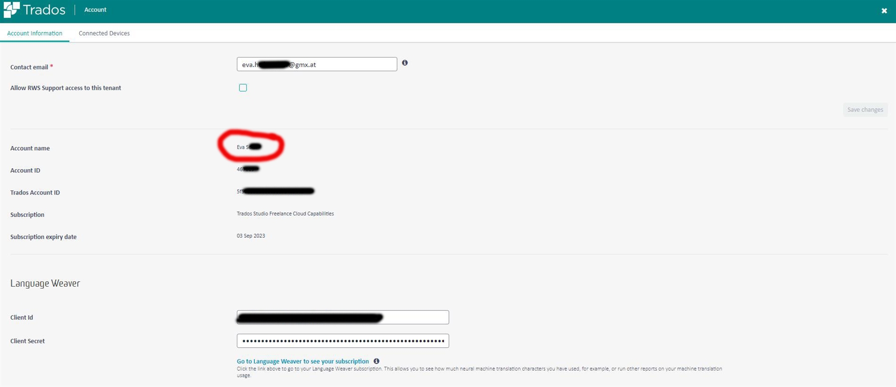 Trados Studio Account Information page showing contact email, account name, and subscription details. Account name field is circled, indicating no option to edit.