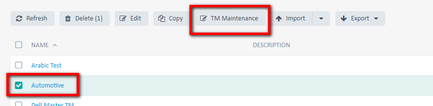 Screenshot of Trados Studio interface showing the 'TM Maintenance' button highlighted in the button bar. 'Automotive' is selected from the list of Translation Memories.