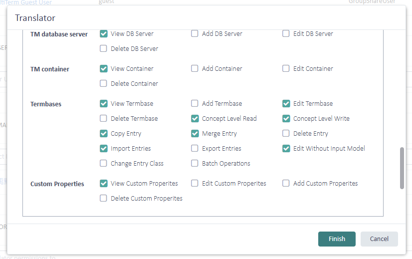 Screenshot of a permissions settings window titled 'Translator' with various options for TM database server, TM container, Termbases, and Custom Properties. Some options are checked, but 'Add Termbase' is greyed out.