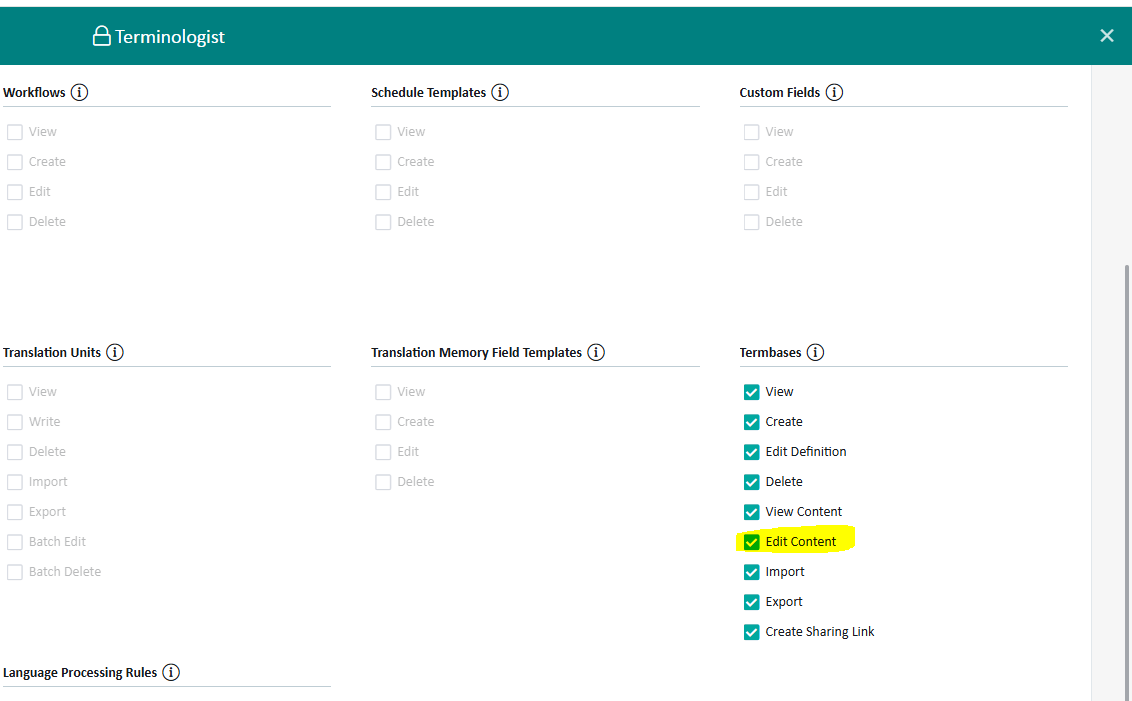 Screenshot of Trados Team user permissions interface, highlighting the 'Terminologist' role with 'Edit Content' option checked under 'Termbases' section.