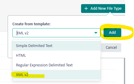 Screenshot showing a dropdown menu for 'Create from template:' with 'XML v2' selected. An 'Add' button is highlighted with a yellow circle.